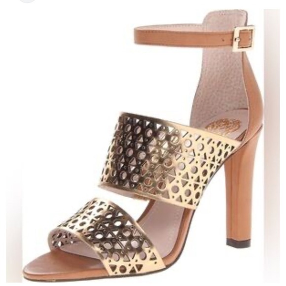 Vince Camuto Gold Woven Strappy Heeled Sandals Ankle Strap Occasion Heels - Picture 1 of 7